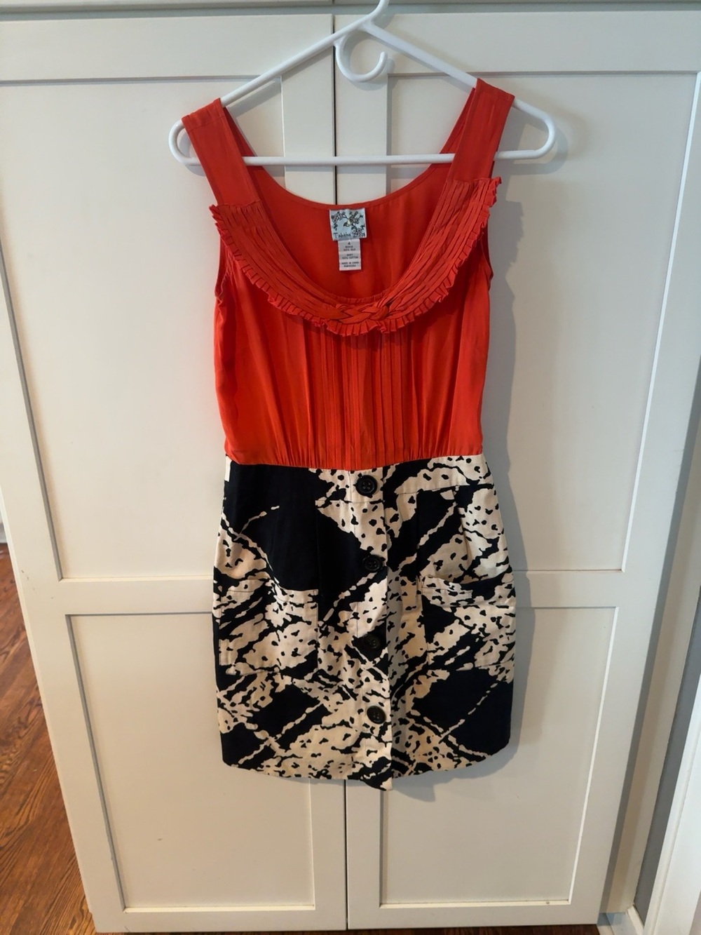 Tabitha Coral Bodice Dress with Black & Cream Printed Skirt